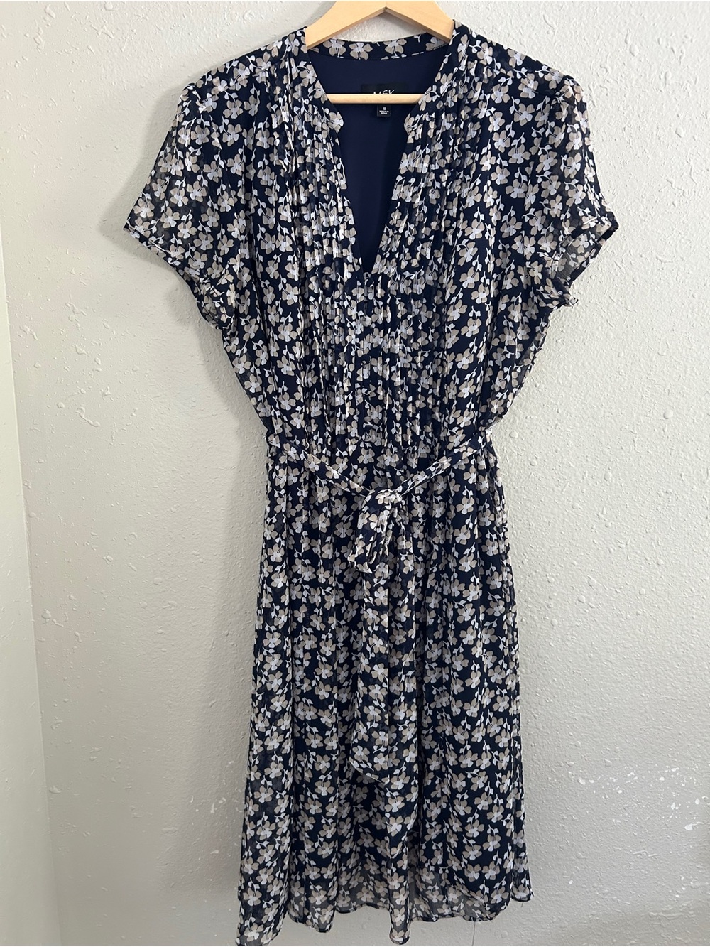 MSK Navy and White Floral Tie-Waist Dress Formal Wedding Guest Church Stretch 18